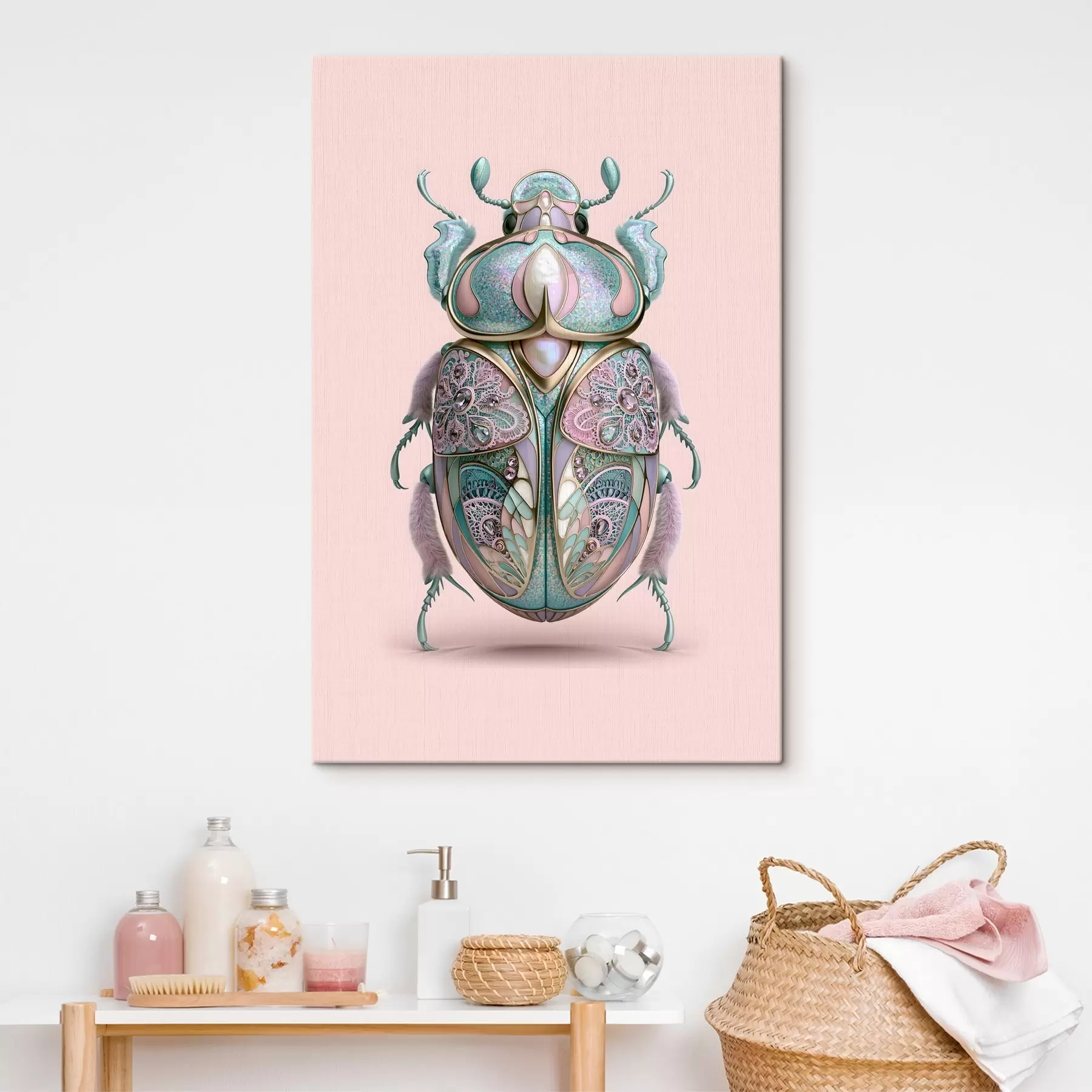 Fototapete Ein Käfer, der so gestaltet ist, dass er vor einem rosa Hintergrund wie kostbarer Schmuck aussieht s49863