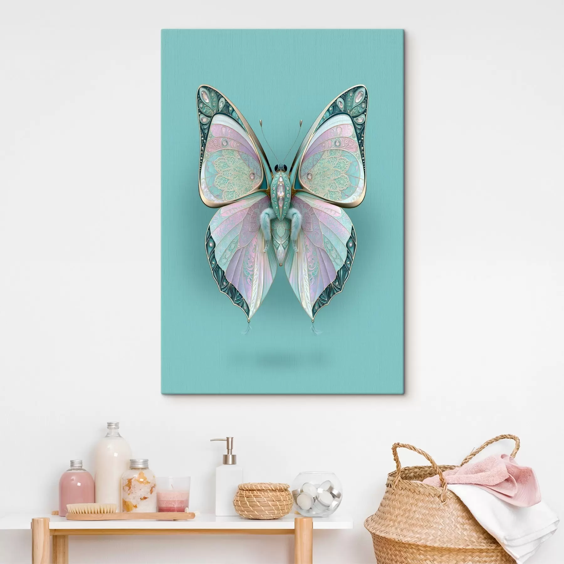 Fototapete Ein Schmetterling im Stil von edlem Schmuck vor türkisfarbenem Hintergrund s49864