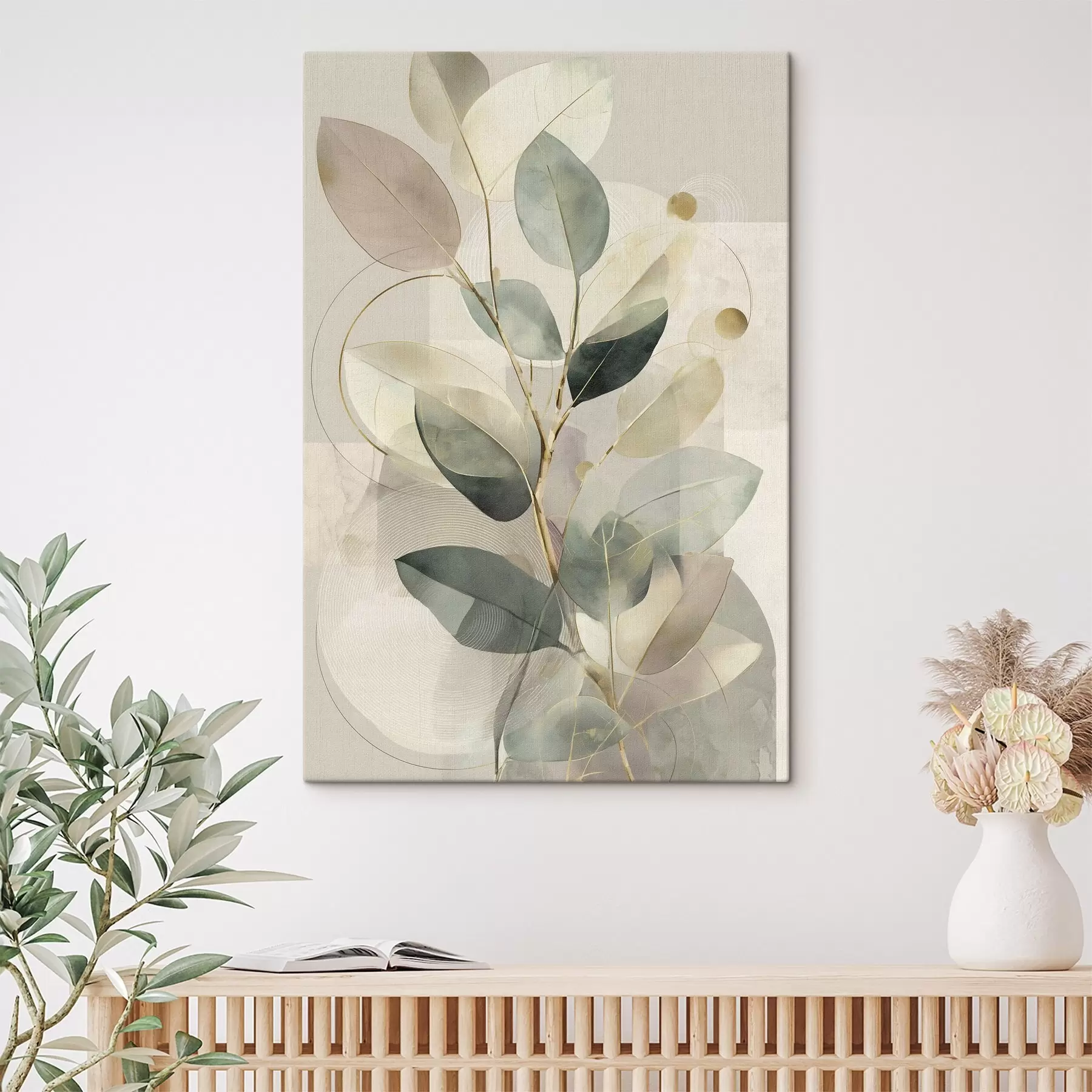 Fototapete Minimalistisches, abstraktes Kunstwerk mit botanischen Motiven: ein eleganter Olivenzweig mit zarten, salbeigrünen und warmbeigen Blättern s49878