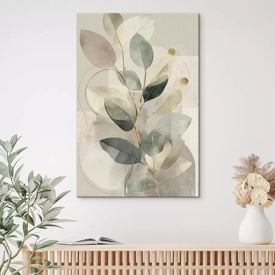 Fototapete Minimalistisches, abstraktes Kunstwerk mit botanischen Motiven: ein eleganter Olivenzweig mit zarten, salbeigrünen und warmbeigen Blättern s49878