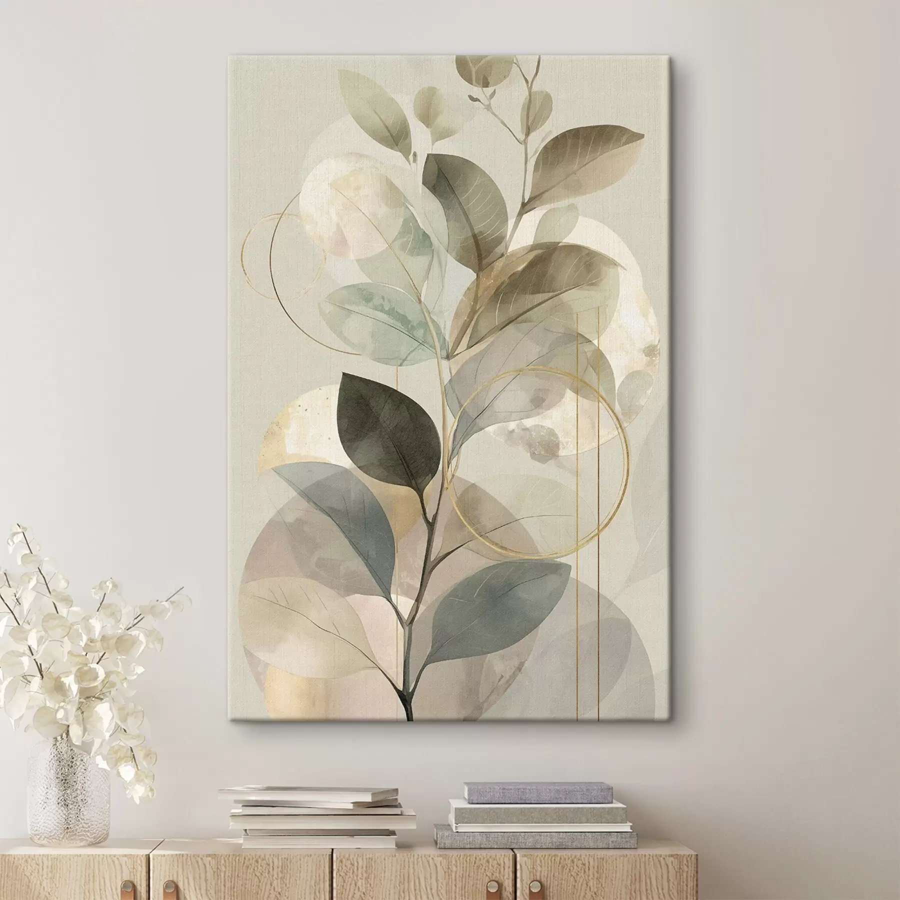 Fototapete Minimalistisches, abstraktes Kunstwerk mit botanischen Motiven: ein eleganter Olivenzweig mit zarten, salbeigrünen und warmbeigen Blättern s49879