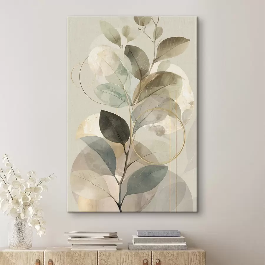 Fototapete Minimalistisches, abstraktes Kunstwerk mit botanischen Motiven: ein eleganter Olivenzweig mit zarten, salbeigrünen und warmbeigen Blättern s49879