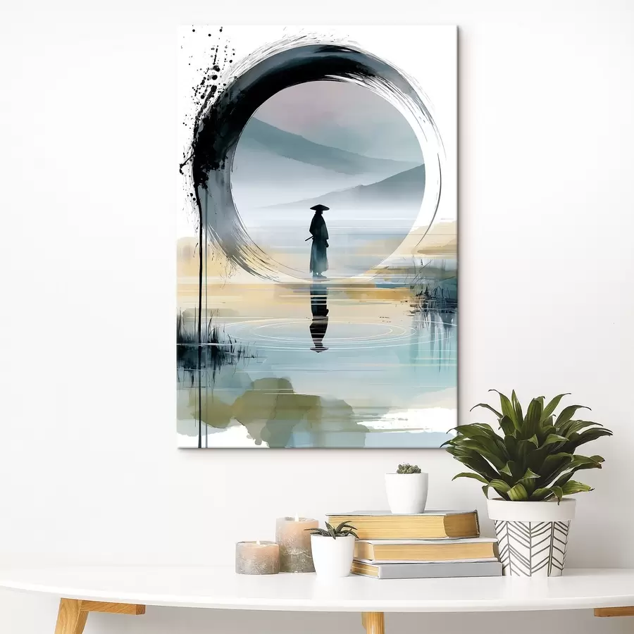 Fototapete Eine zeitgenössische Zen-Illustration mit einem Samurai, einem Enso-Kreis, einer Aquarelllandschaft und einem Spiegelbild s49880