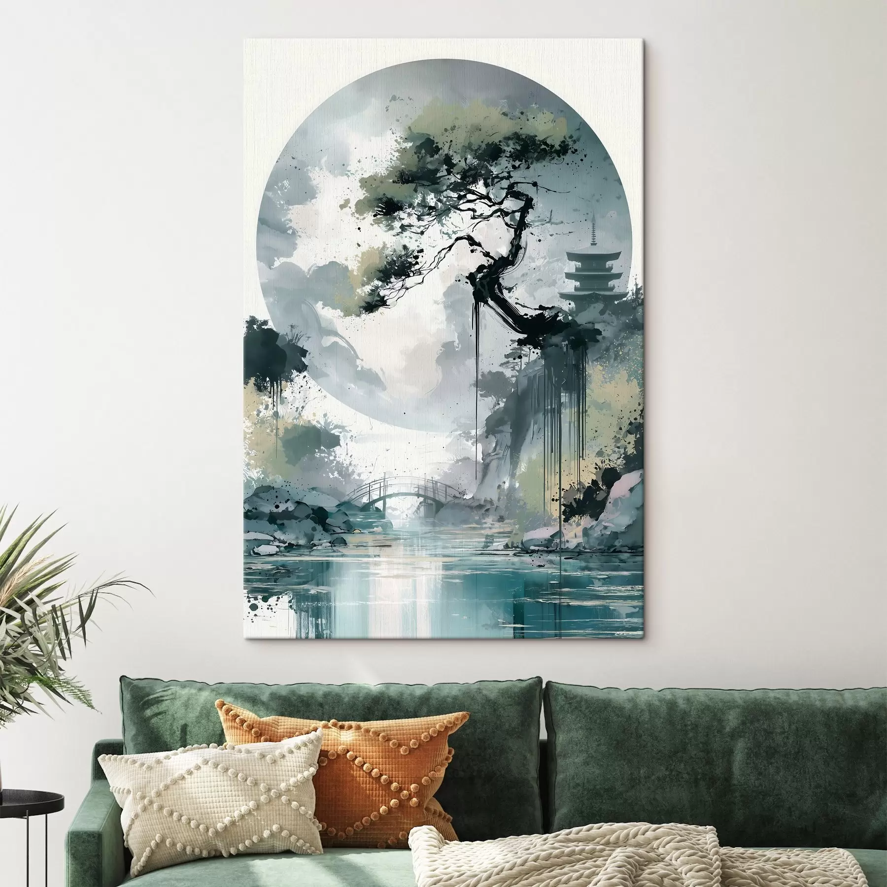 Fototapete Eine Landschaft im japanischen Sumi-e-Stil mit einer schlanken Kiefer, einer Brücke und einer Pagode vor dem Hintergrund ruhiger Gewässer s49881