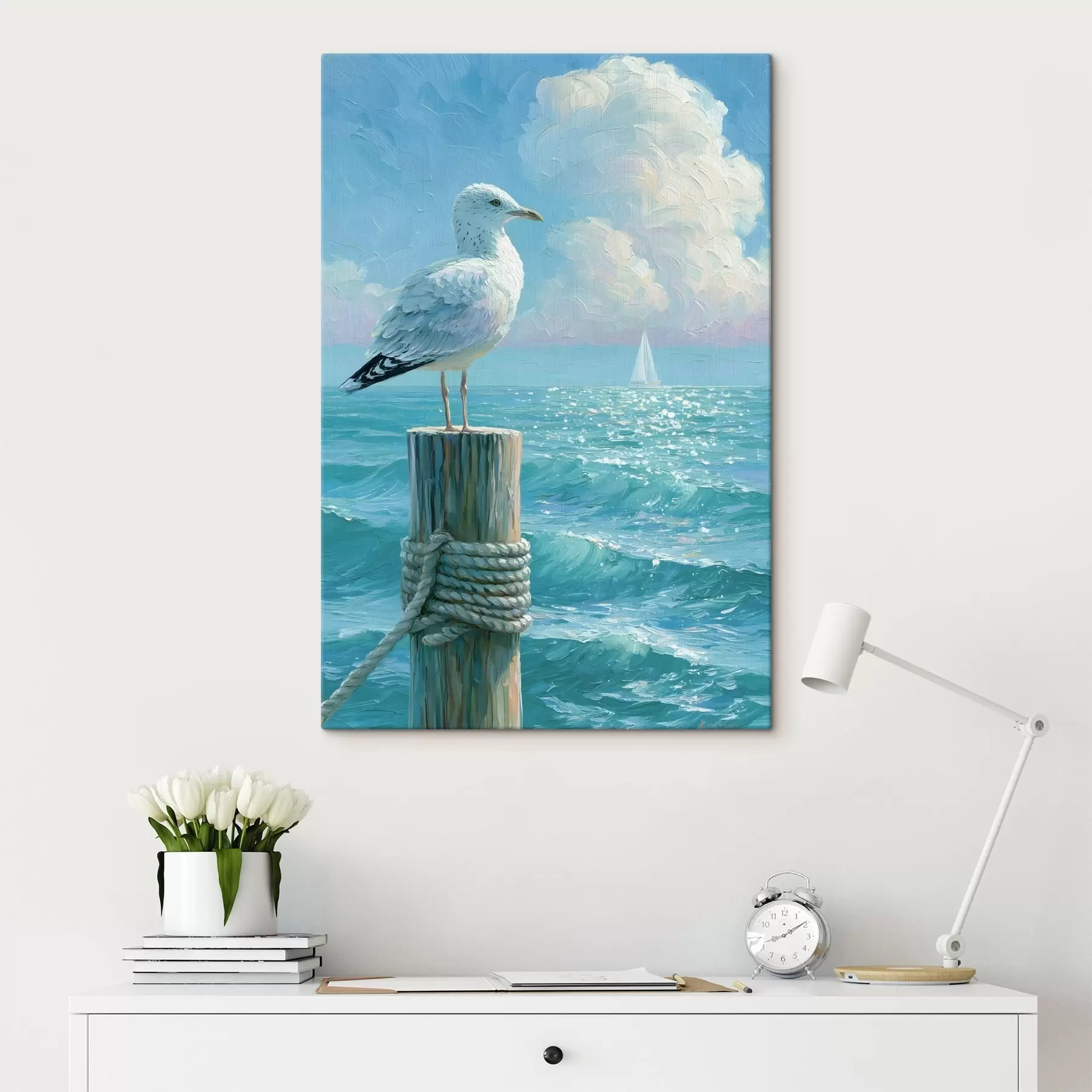 Fototapete Eine majestätische Möwe, die auf einem verwitterten Holzpfahl eines Stegs sitzt, im Impasto-Stil gemalt s49882