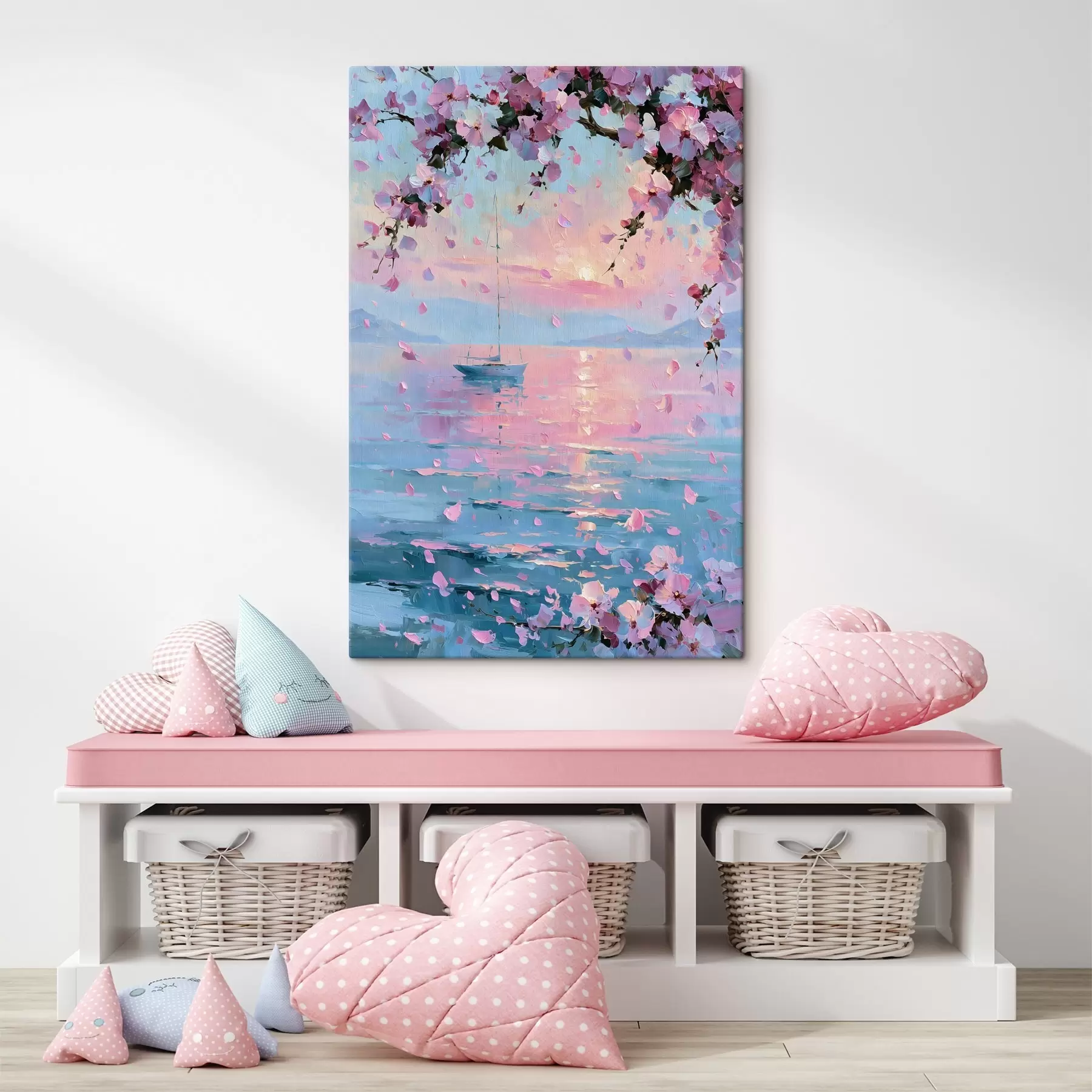 Fototapete Eine elegante weiße Yacht auf dem Meer bei Sonnenuntergang unter den blühenden Zweigen eines rosa Sakura-Baums, im Stil eines Ölgemäldes s49883