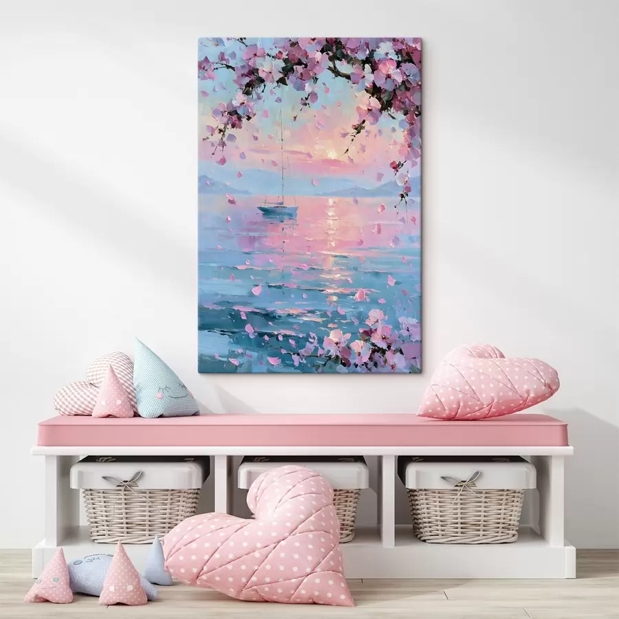 Fototapete Eine elegante weiße Yacht auf dem Meer bei Sonnenuntergang unter den blühenden Zweigen eines rosa Sakura-Baums, im Stil eines Ölgemäldes s49883