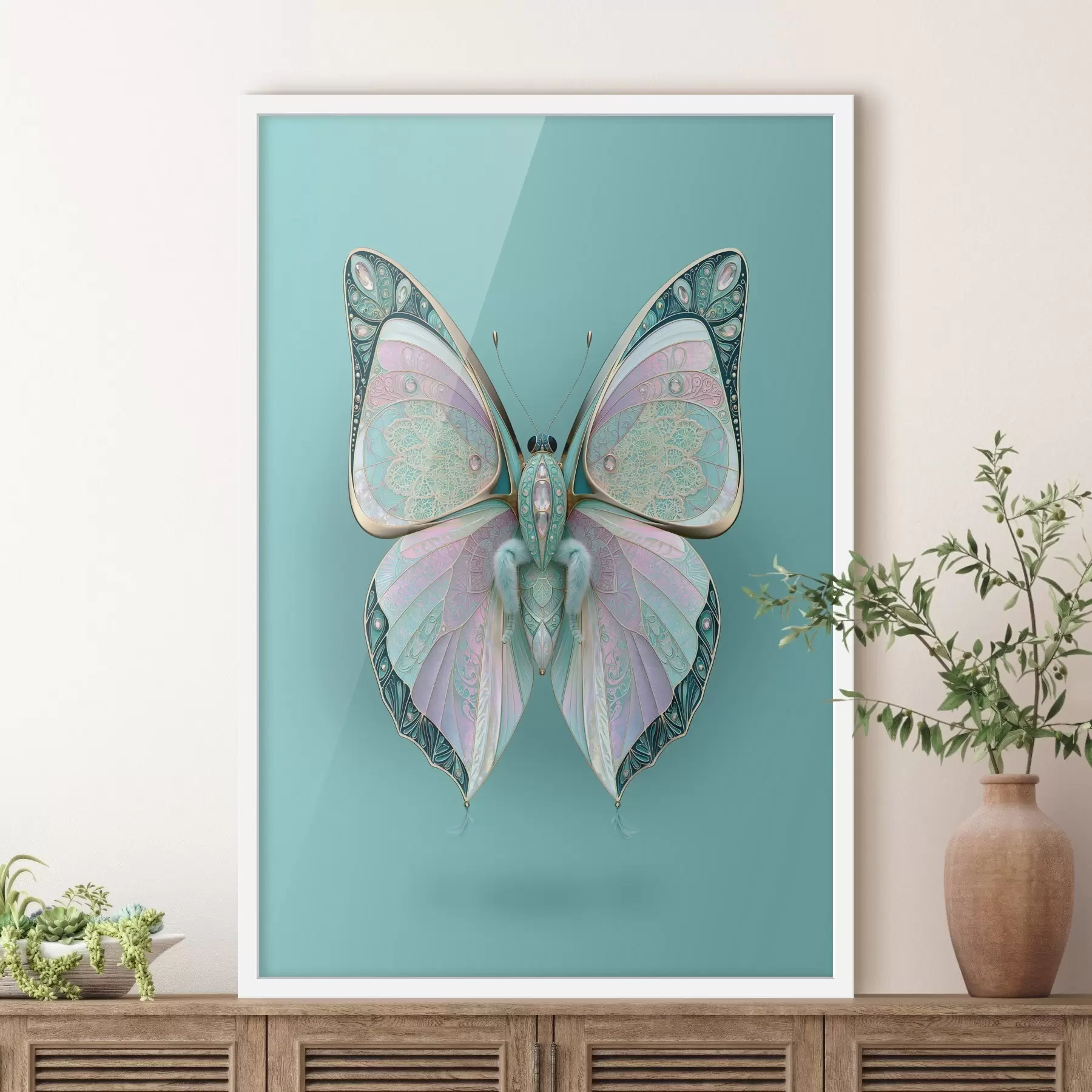 Fototapete Ein Schmetterling im Stil von edlem Schmuck vor türkisfarbenem Hintergrund f49864
