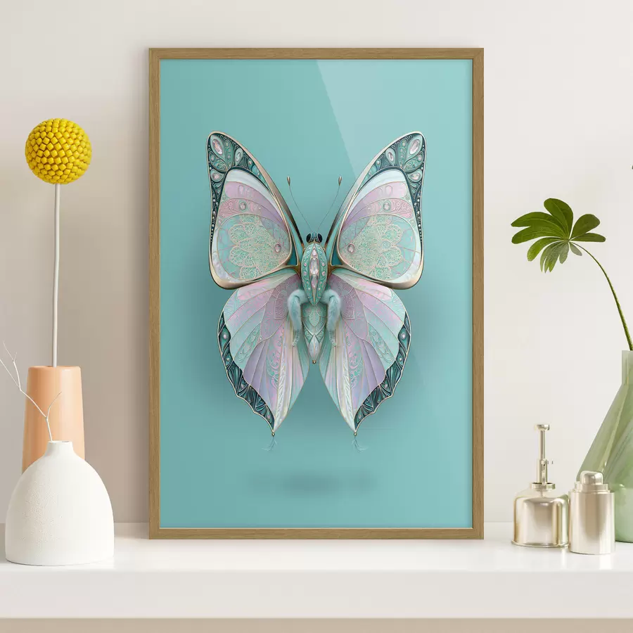 Fototapete Ein Schmetterling im Stil von edlem Schmuck vor türkisfarbenem Hintergrund f49864