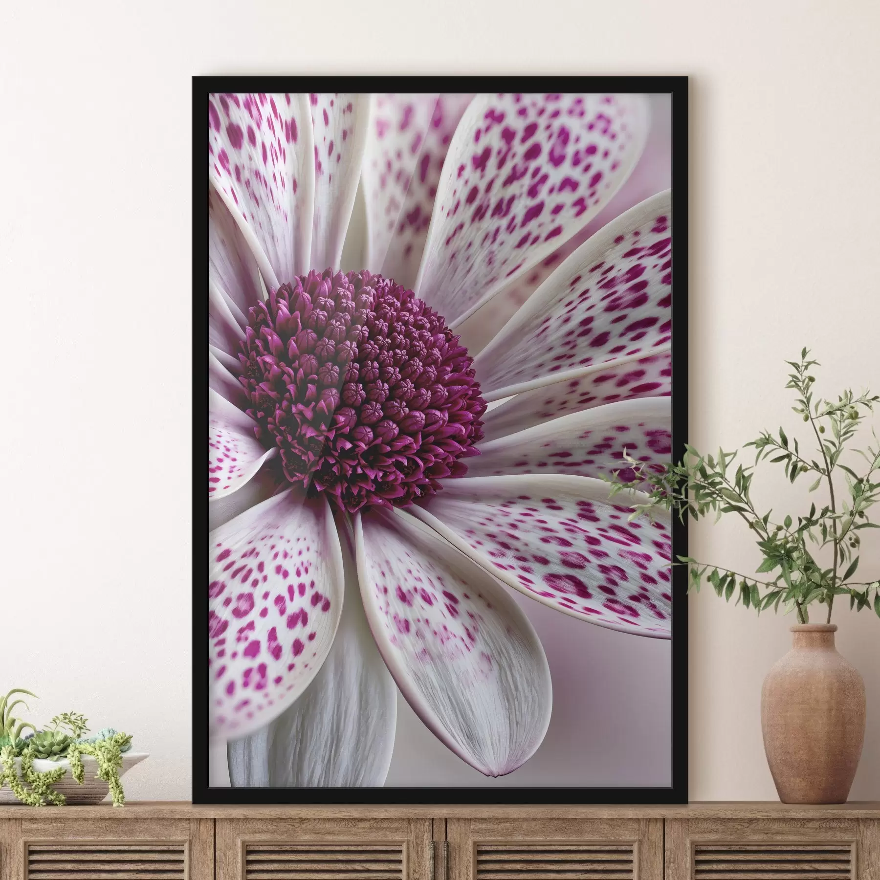Fototapete Nahaufnahme einer gänseblümchenähnlichen Blume mit leuchtend magentafarbenen Leopardenflecken f49865