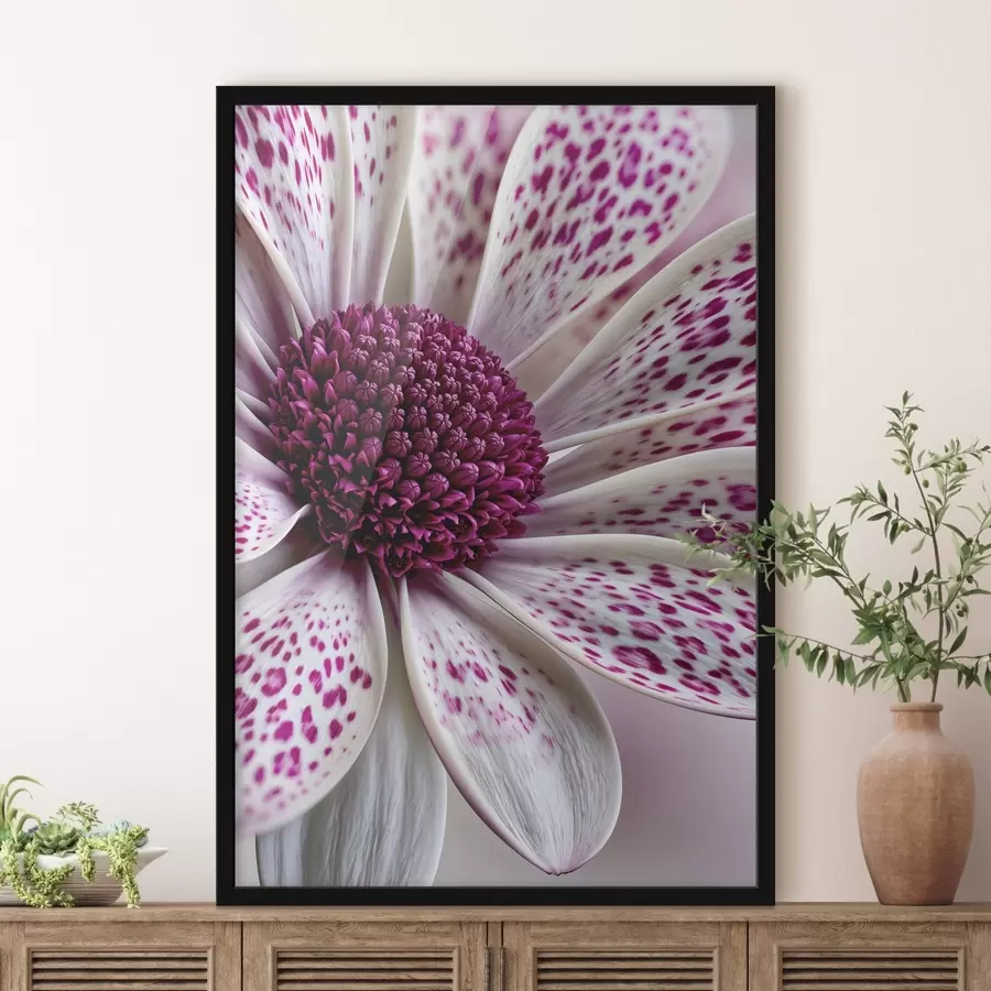 Fototapete Nahaufnahme einer gänseblümchenähnlichen Blume mit leuchtend magentafarbenen Leopardenflecken f49865