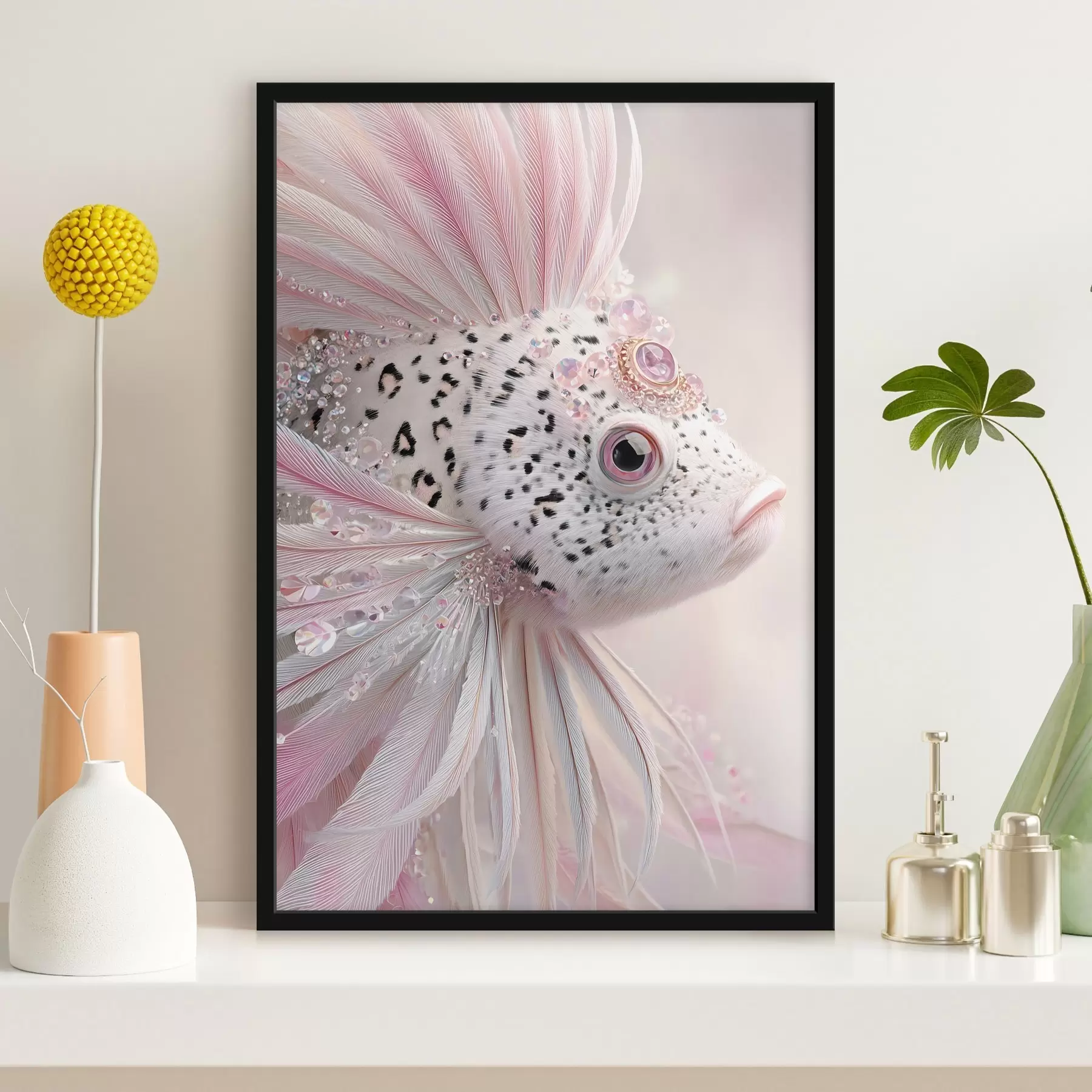 Fototapete Ein rosa, surrealer Fisch mit Verzierungen f49871