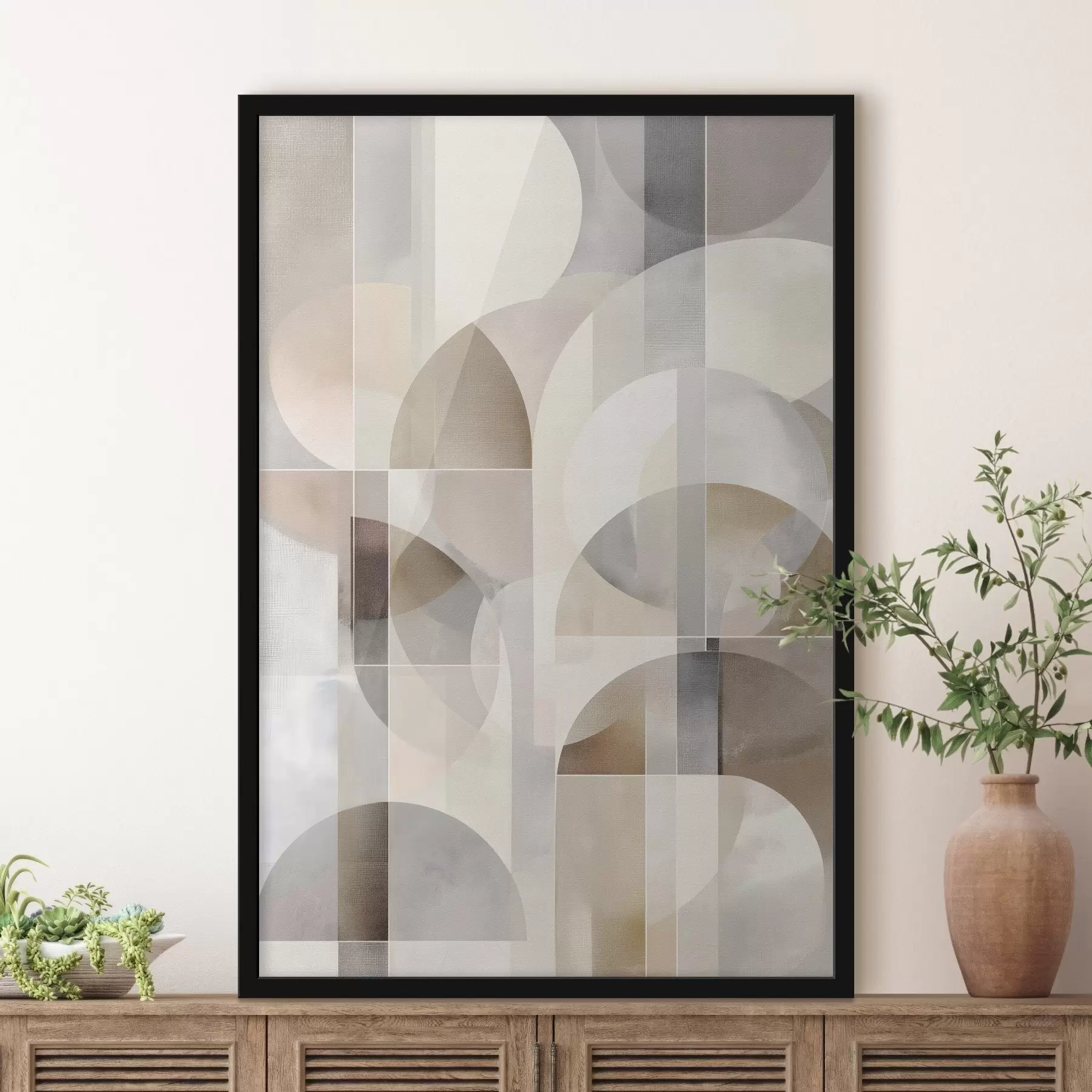 Fototapete Eine minimalistische, geometrische, abstrakte Komposition in sanften Beige-, Creme-, Graubraun- und Graubeige-Tönen f49877