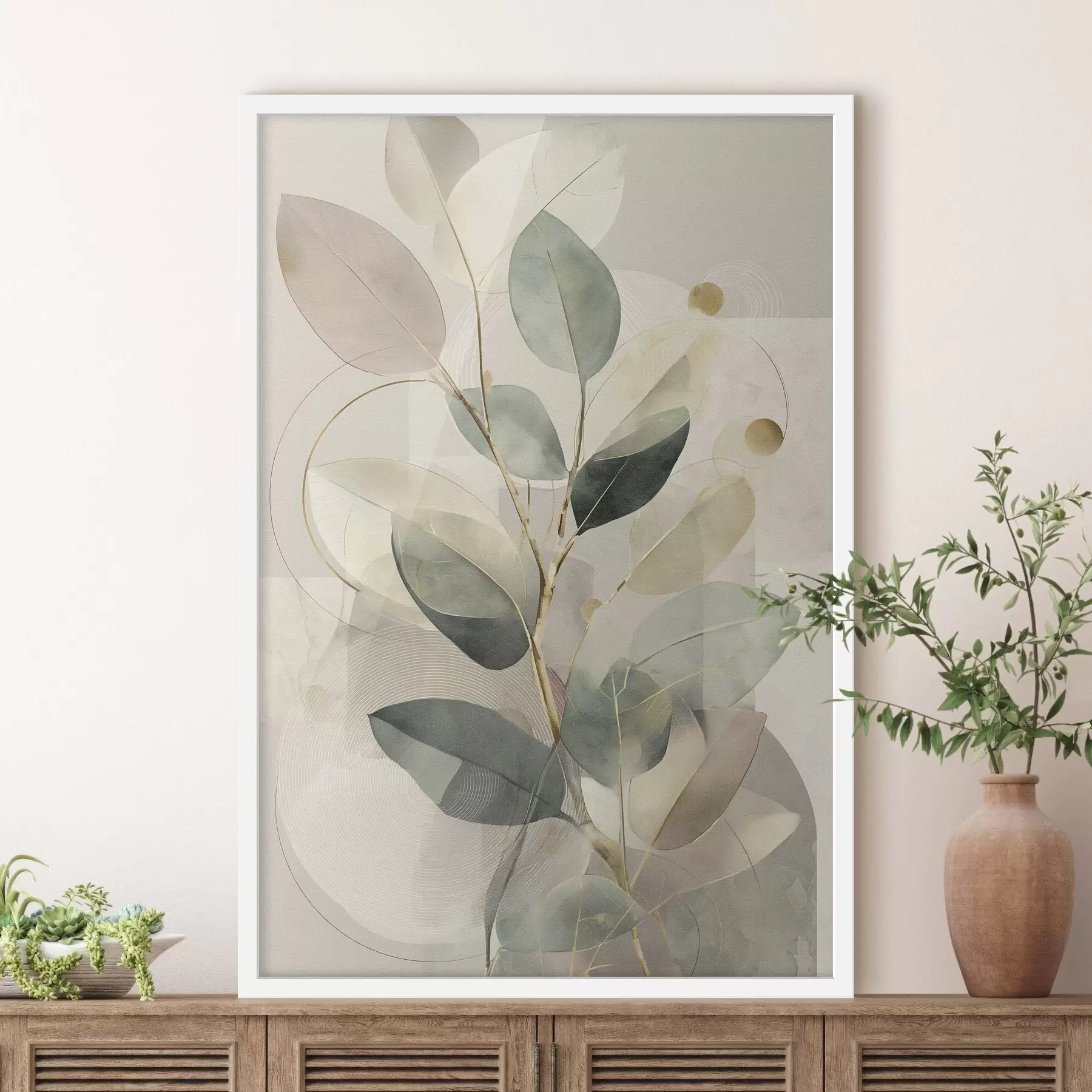 Fototapete Minimalistisches, abstraktes Kunstwerk mit botanischen Motiven: ein eleganter Olivenzweig mit zarten, salbeigrünen und warmbeigen Blättern f49878