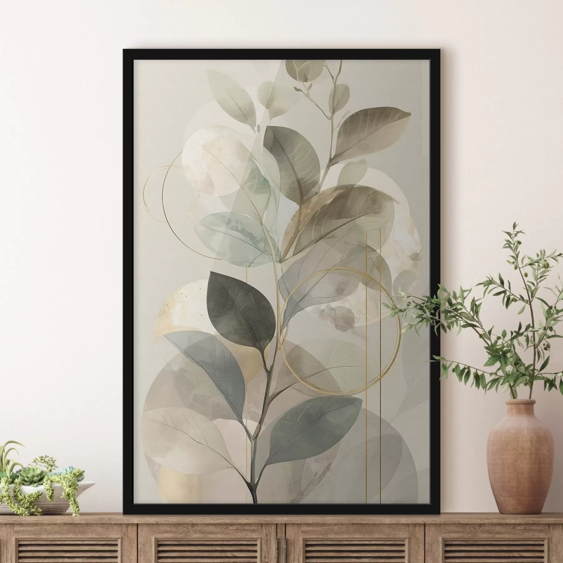 Fototapete Minimalistisches, abstraktes Kunstwerk mit botanischen Motiven: ein eleganter Olivenzweig mit zarten, salbeigrünen und warmbeigen Blättern f49879