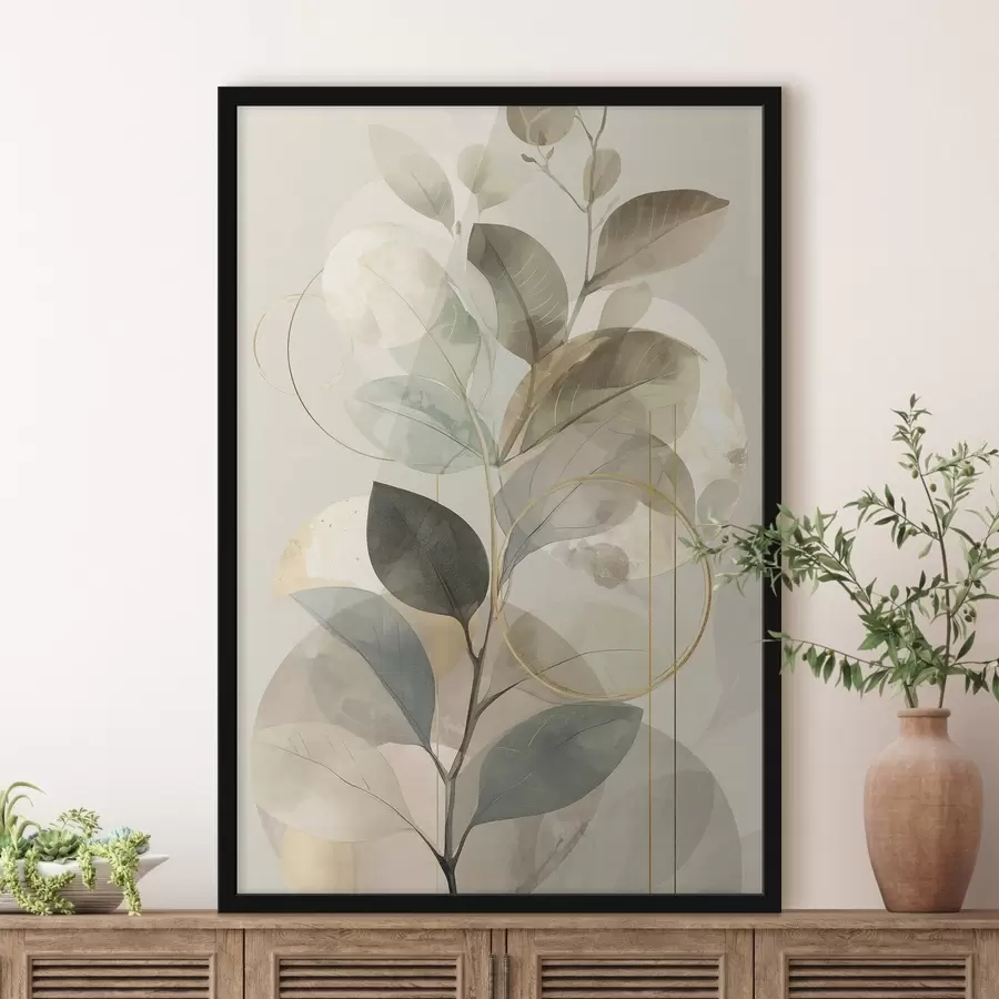 Fototapete Minimalistisches, abstraktes Kunstwerk mit botanischen Motiven: ein eleganter Olivenzweig mit zarten, salbeigrünen und warmbeigen Blättern f49879
