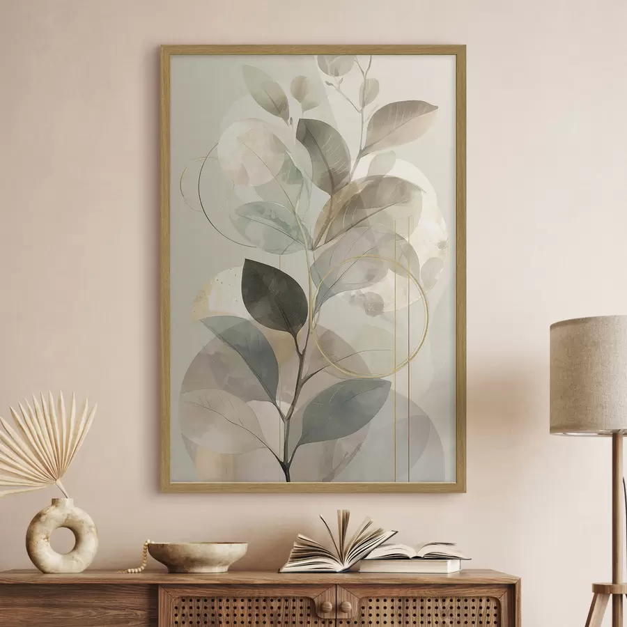 Fototapete Minimalistisches, abstraktes Kunstwerk mit botanischen Motiven: ein eleganter Olivenzweig mit zarten, salbeigrünen und warmbeigen Blättern f49879