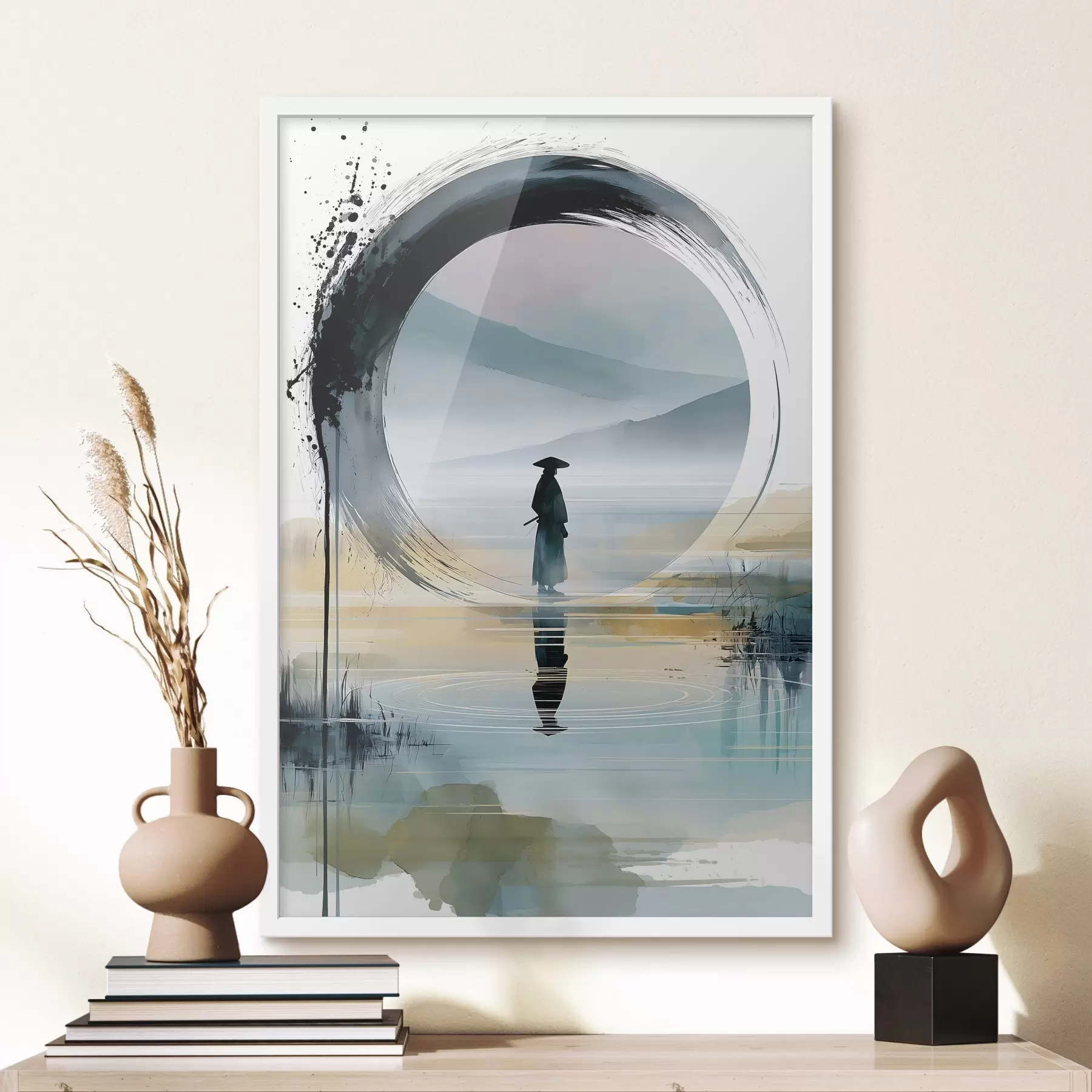 Fototapete Eine zeitgenössische Zen-Illustration mit einem Samurai, einem Enso-Kreis, einer Aquarelllandschaft und einem Spiegelbild f49880