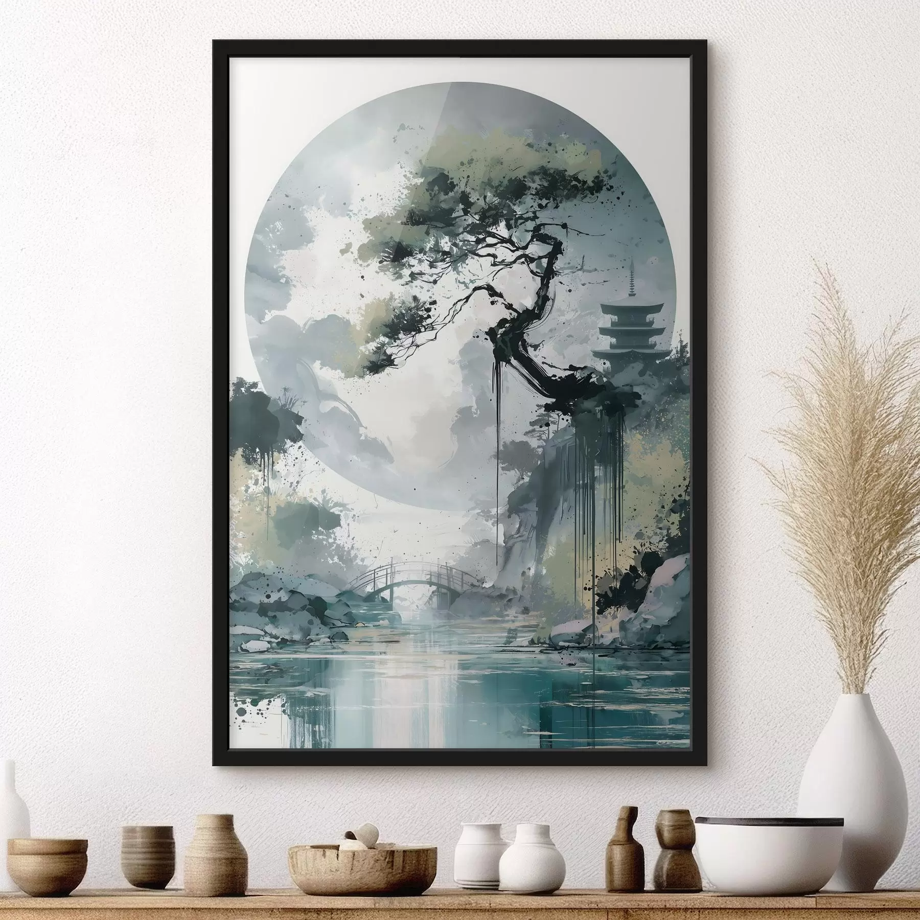Fototapete Eine Landschaft im japanischen Sumi-e-Stil mit einer schlanken Kiefer, einer Brücke und einer Pagode vor dem Hintergrund ruhiger Gewässer f49881