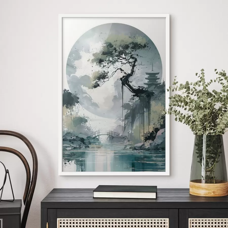 Fototapete Eine Landschaft im japanischen Sumi-e-Stil mit einer schlanken Kiefer, einer Brücke und einer Pagode vor dem Hintergrund ruhiger Gewässer f49881