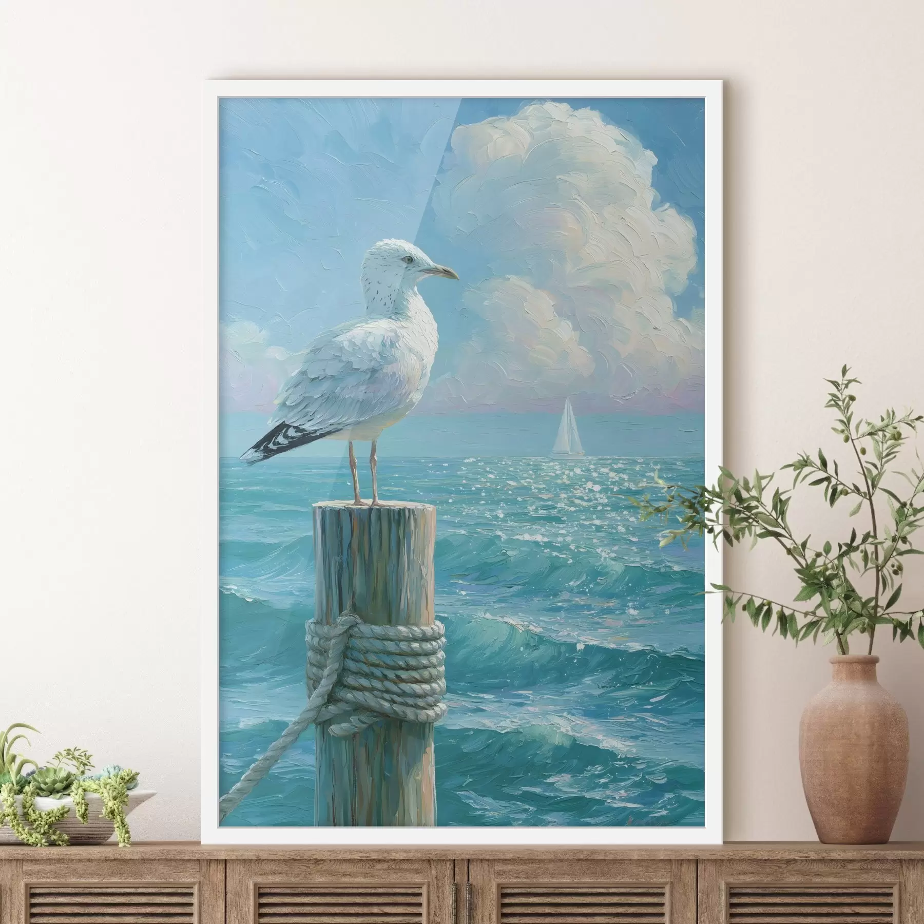 Fototapete Eine majestätische Möwe, die auf einem verwitterten Holzpfahl eines Stegs sitzt, im Impasto-Stil gemalt f49882