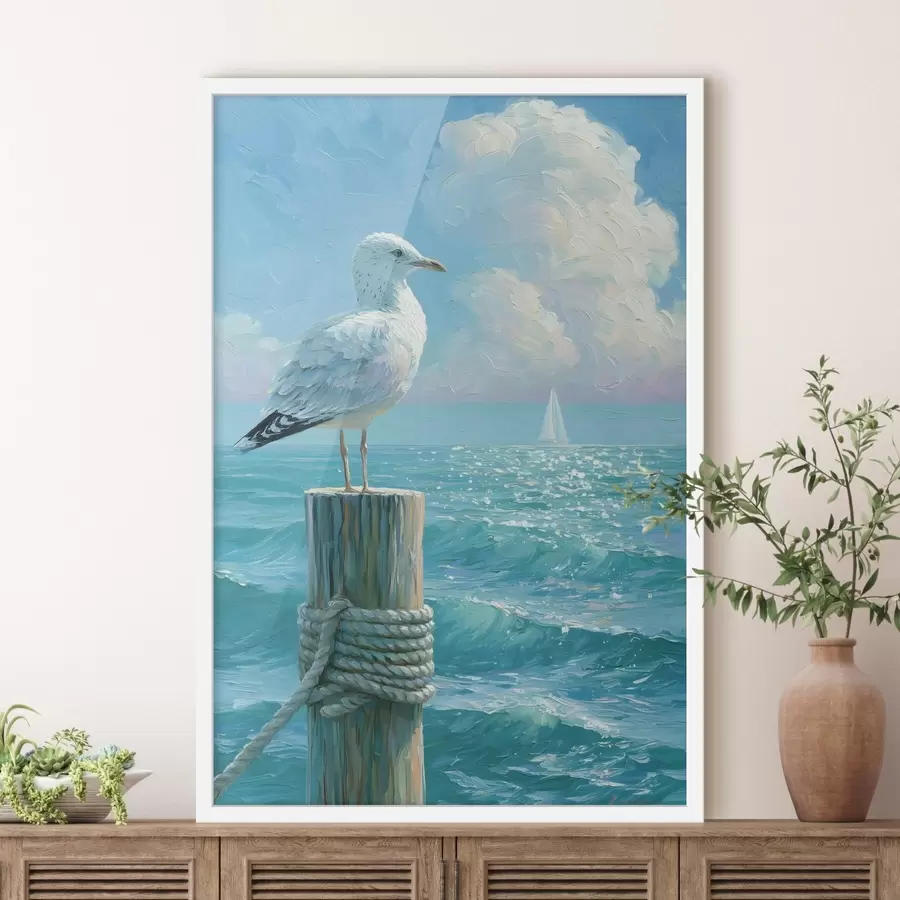 Fototapete Eine majestätische Möwe, die auf einem verwitterten Holzpfahl eines Stegs sitzt, im Impasto-Stil gemalt f49882