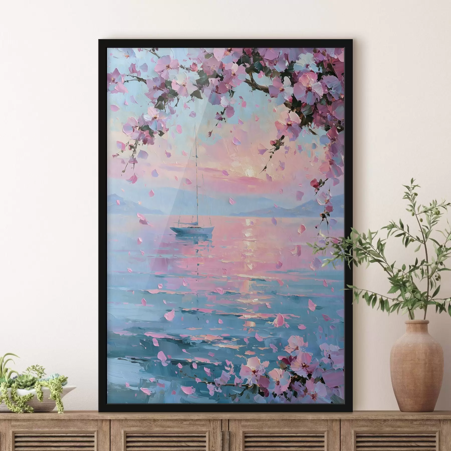 Fototapete Eine elegante weiße Yacht auf dem Meer bei Sonnenuntergang unter den blühenden Zweigen eines rosa Sakura-Baums, im Stil eines Ölgemäldes f49883