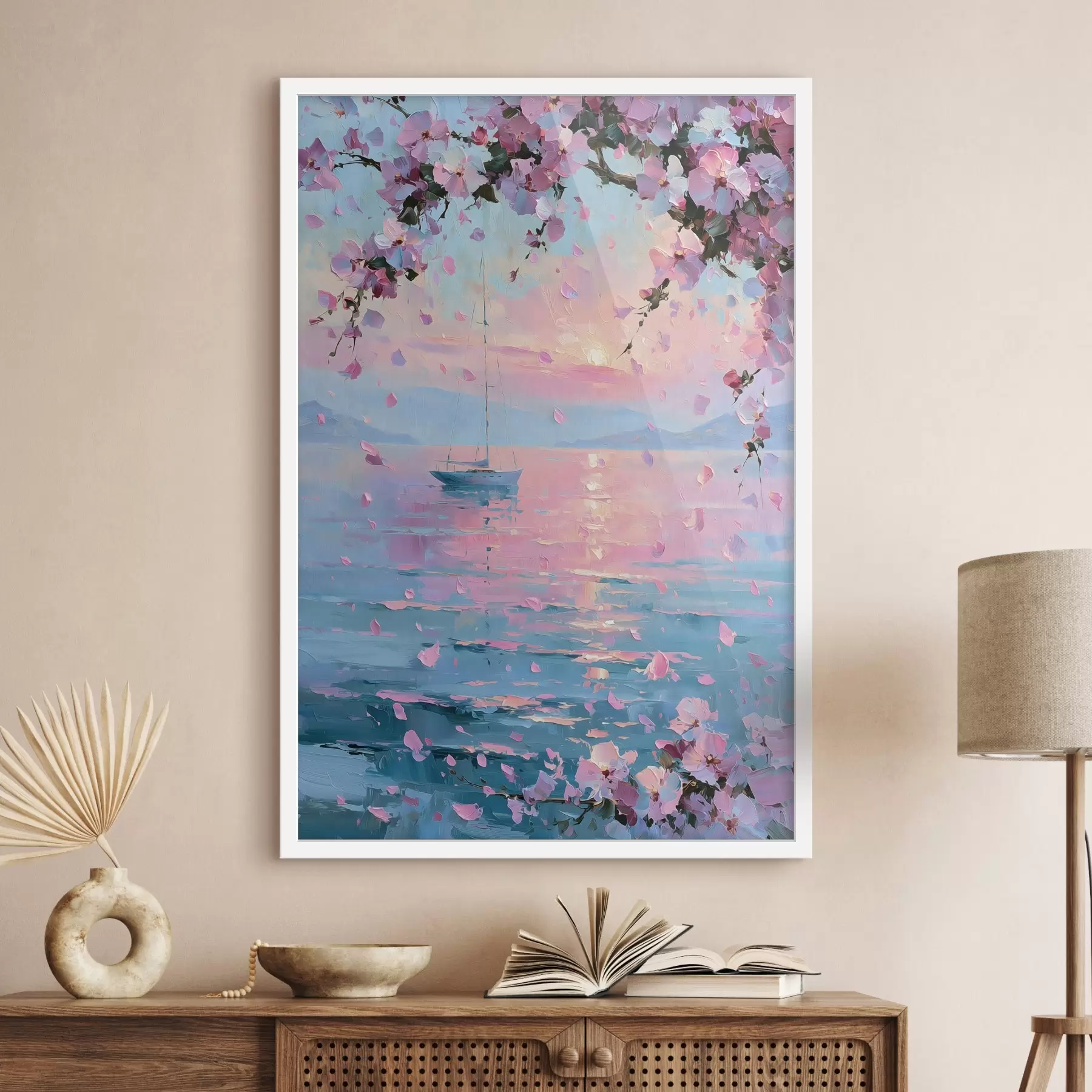 Fototapete Eine elegante weiße Yacht auf dem Meer bei Sonnenuntergang unter den blühenden Zweigen eines rosa Sakura-Baums, im Stil eines Ölgemäldes f49883