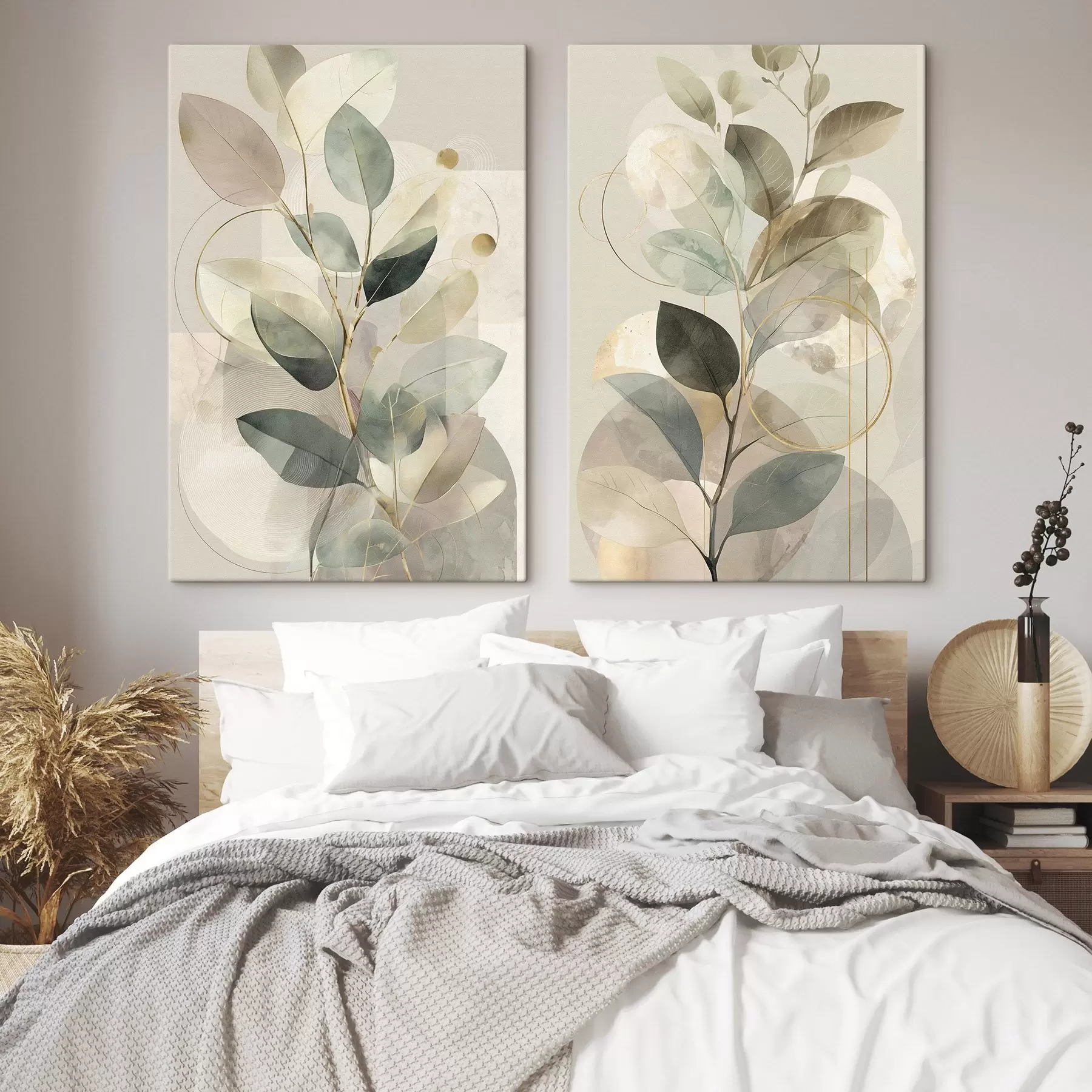 Fototapete Minimalistisches, abstraktes Kunstwerk mit botanischen Motiven: ein eleganter Olivenzweig mit zarten, salbeigrünen und warmbeigen Blättern m30726