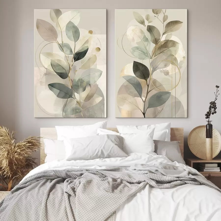 Fototapete Minimalistisches, abstraktes Kunstwerk mit botanischen Motiven: ein eleganter Olivenzweig mit zarten, salbeigrünen und warmbeigen Blättern m30726
