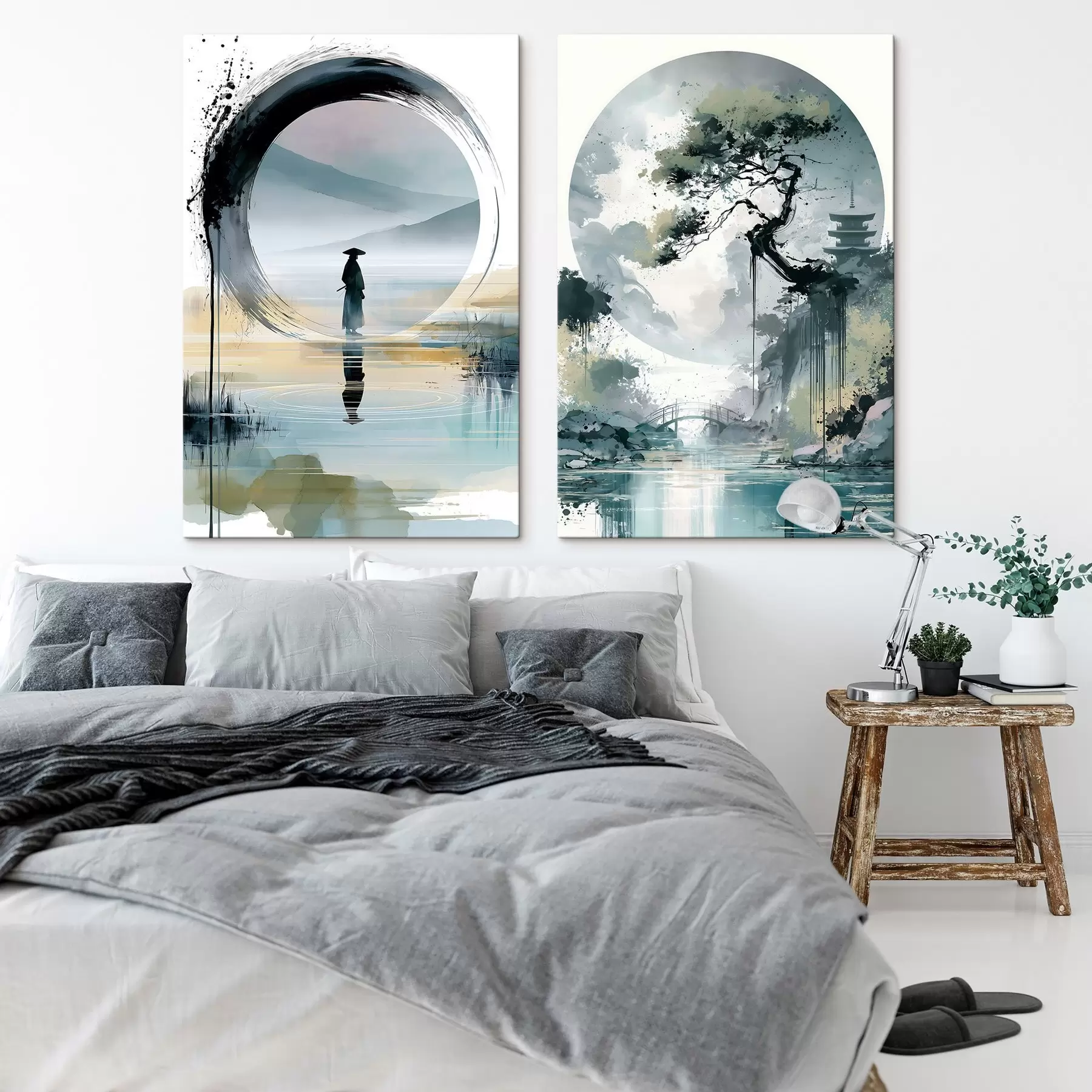 Fototapete Eine Landschaft im japanischen Sumi-e-Stil mit einer schlanken Kiefer, einer Brücke und einer Pagode vor dem Hintergrund ruhiger Gewässer; ein Samurai, ein Enso-Kreis, eine Aquarelllandschaft m30727