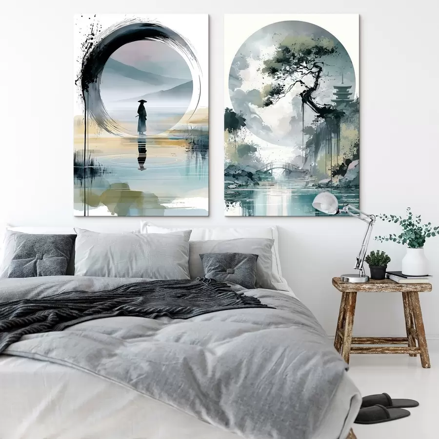 Fototapete Eine Landschaft im japanischen Sumi-e-Stil mit einer schlanken Kiefer, einer Brücke und einer Pagode vor dem Hintergrund ruhiger Gewässer; ein Samurai, ein Enso-Kreis, eine Aquarelllandschaft m30727