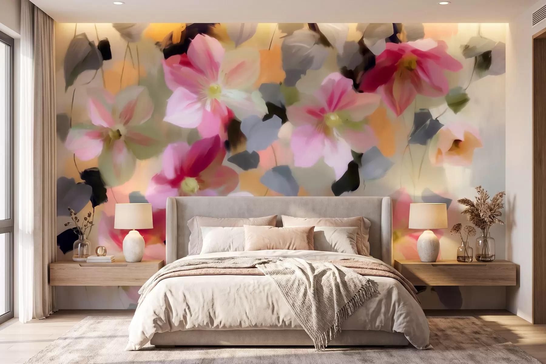 Fototapete Eine helle und luftige Komposition mit herabhängenden Blumen im Aquarellstil w09931