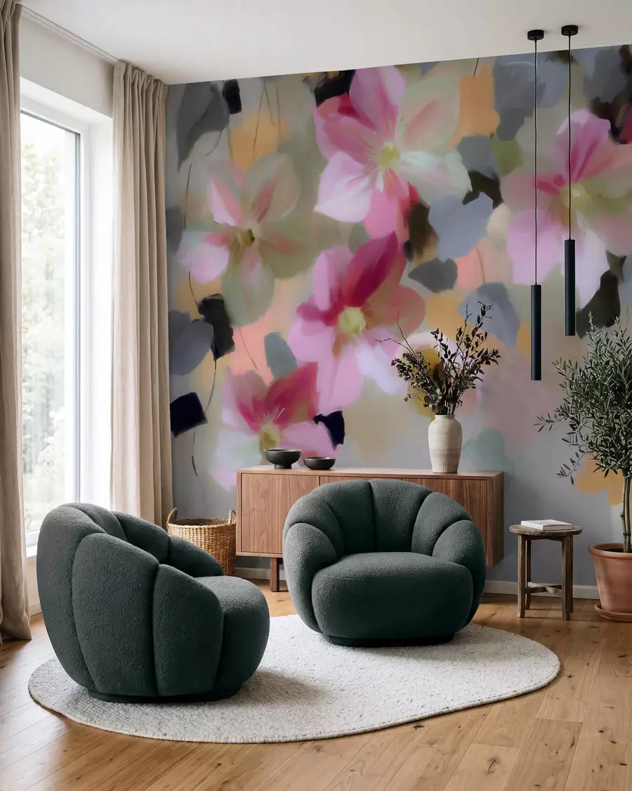 Fototapete Eine helle und luftige Komposition mit herabhängenden Blumen im Aquarellstil w09931