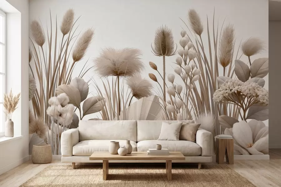 Fototapete Hohe, getrocknete Blumen in neutralen Beigetönen w09932
