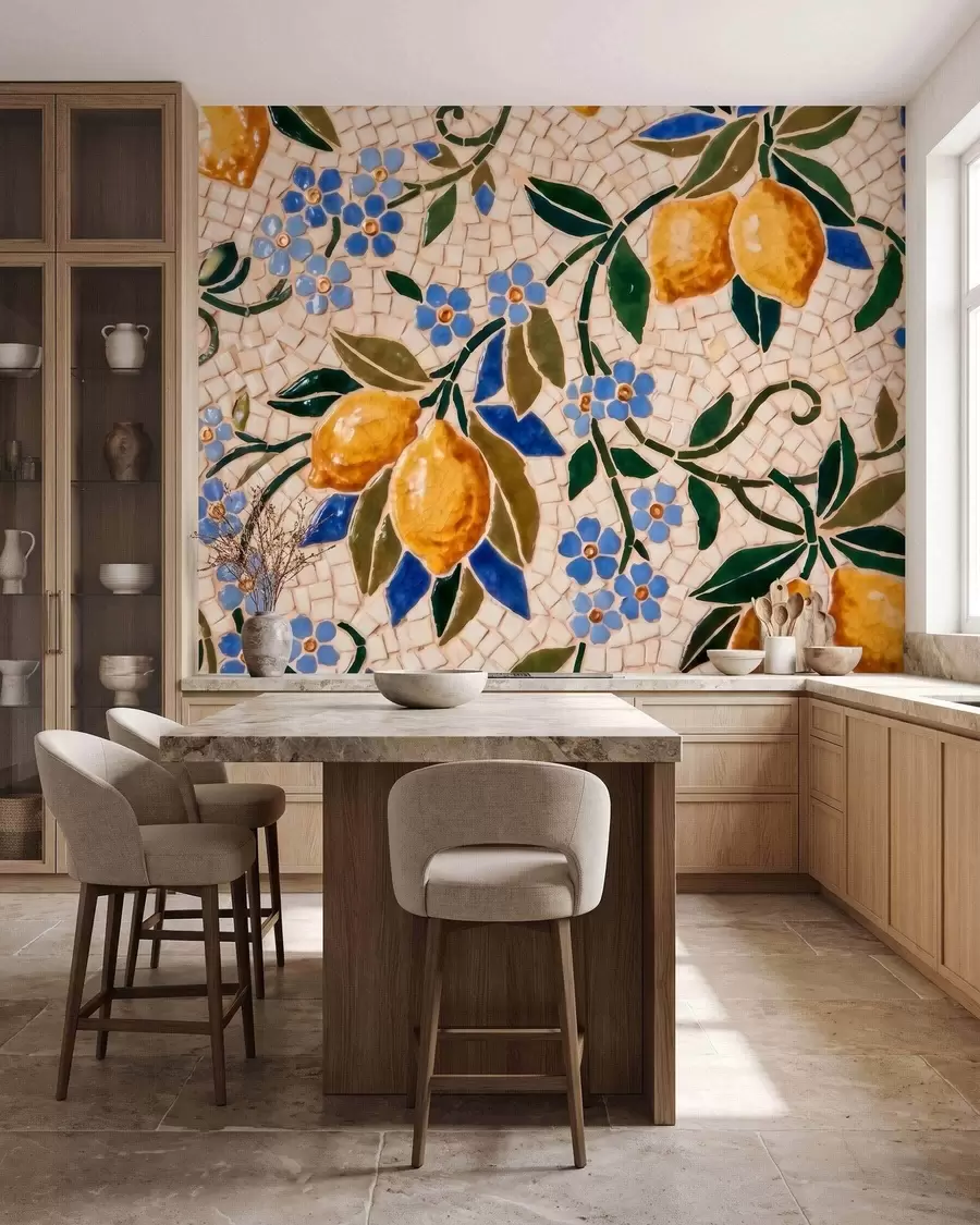 Fototapete Farbenfrohe Dekorationskomposition im Keramikmosaik-Stil mit saftigen Zitronen, Blumen, Blättern und Zweigen w09948
