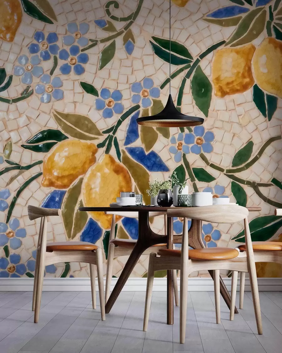 Fototapete Farbenfrohe Dekorationskomposition im Keramikmosaik-Stil mit saftigen Zitronen, Blumen, Blättern und Zweigen w09948