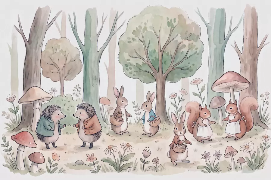 Fototapete Märchenhafte Waldtiere in einem Wald im Aquarellstil w09951