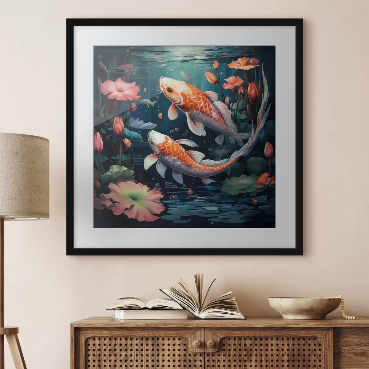 Poster Koi-Karpfen mit Lotusblumen f50038