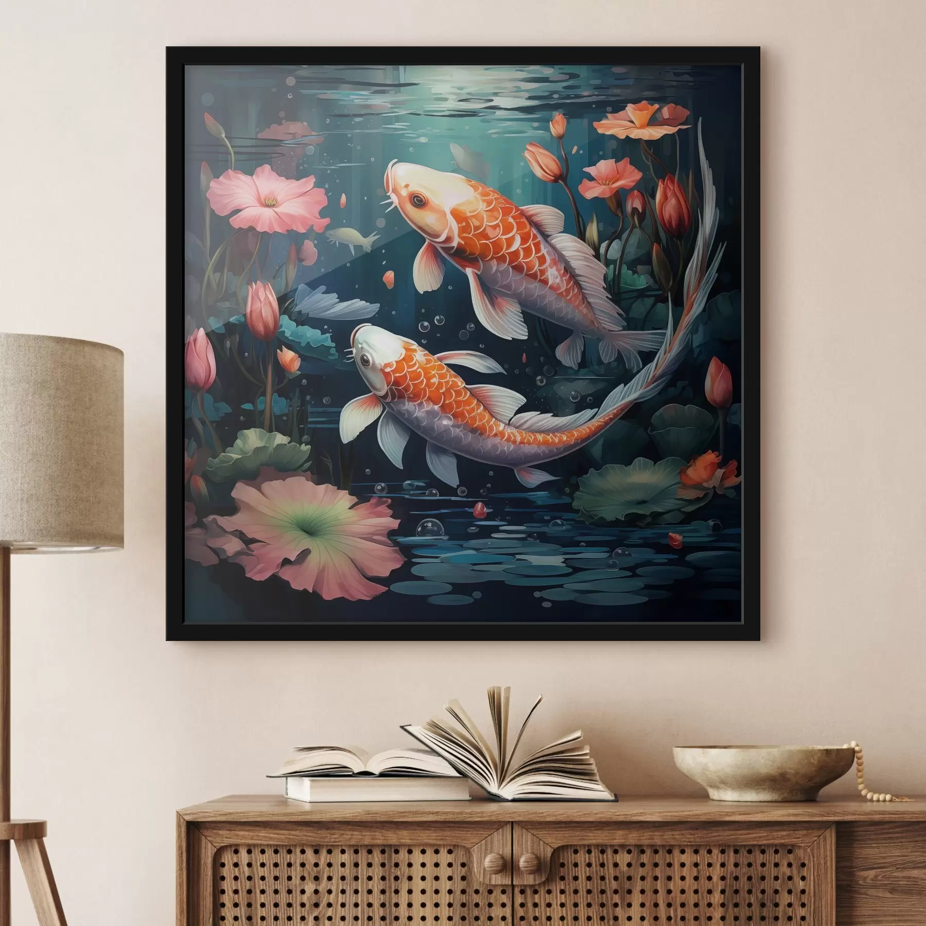 Fototapete Koi-Karpfen mit Lotusblumen f50038