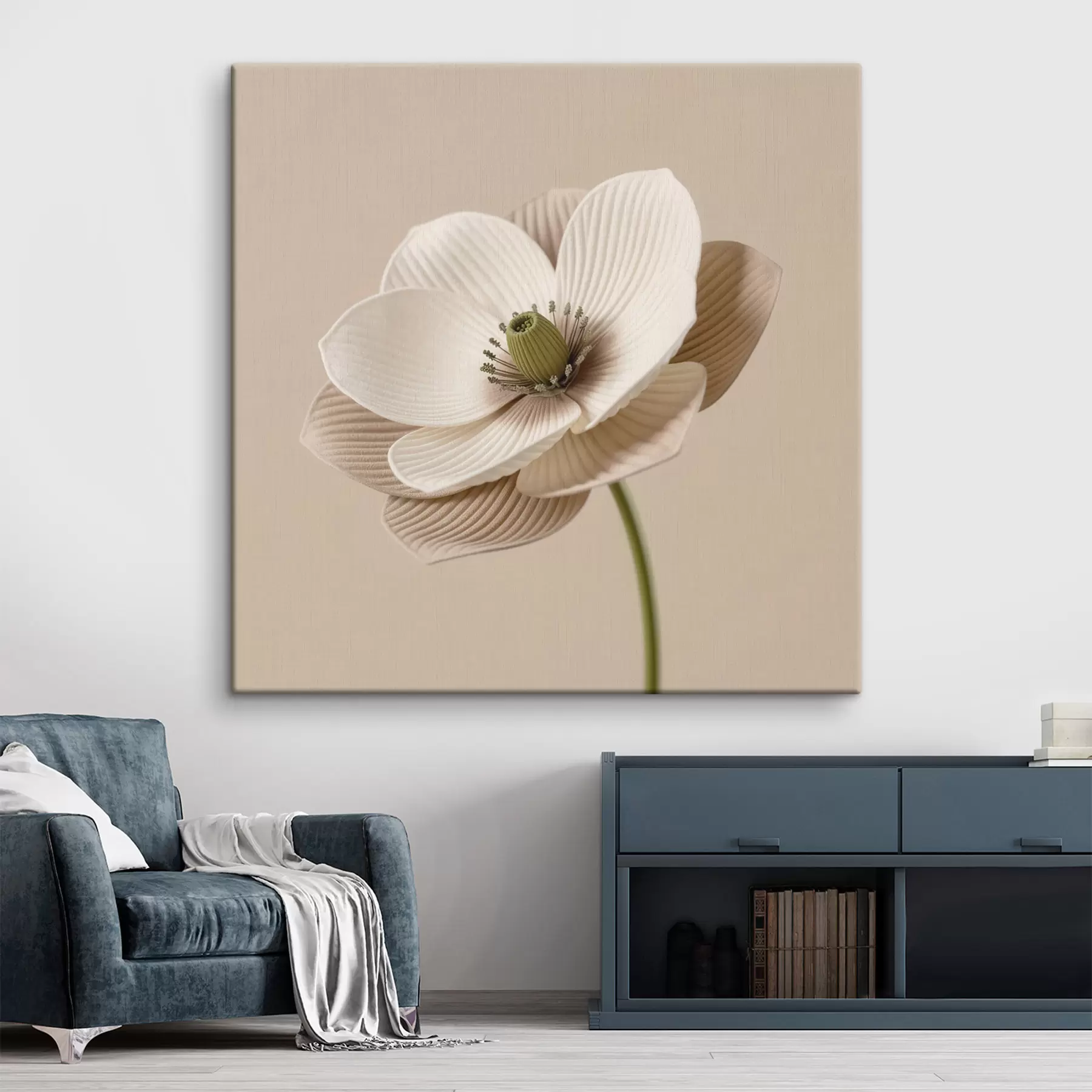 Fototapete Blume mit strukturierten Blütenblättern in Beigetönen im minimalistischen Stil s49719