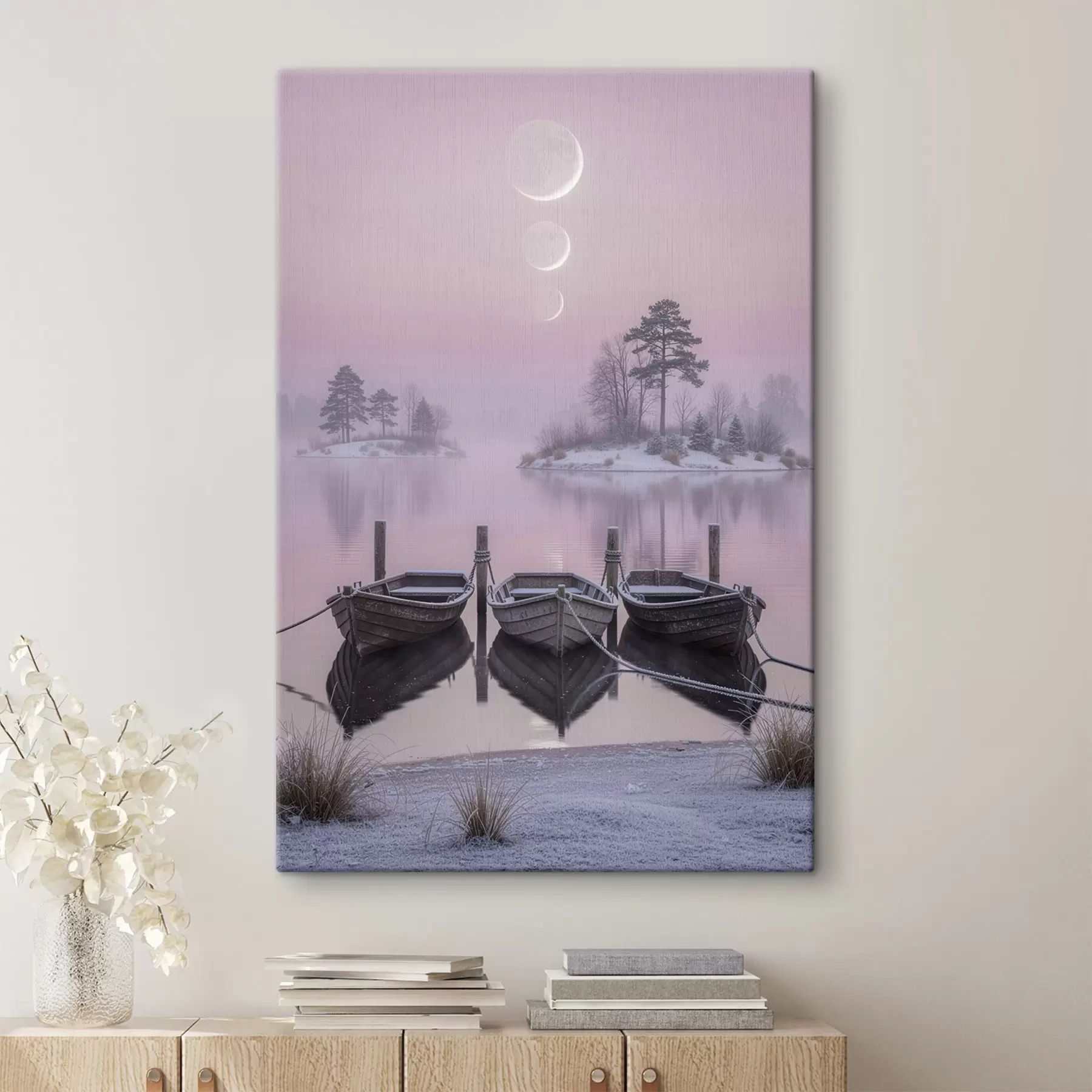 Fototapete Landschaft mit einem See, Booten und Mondphasen im Pastellstil s49724