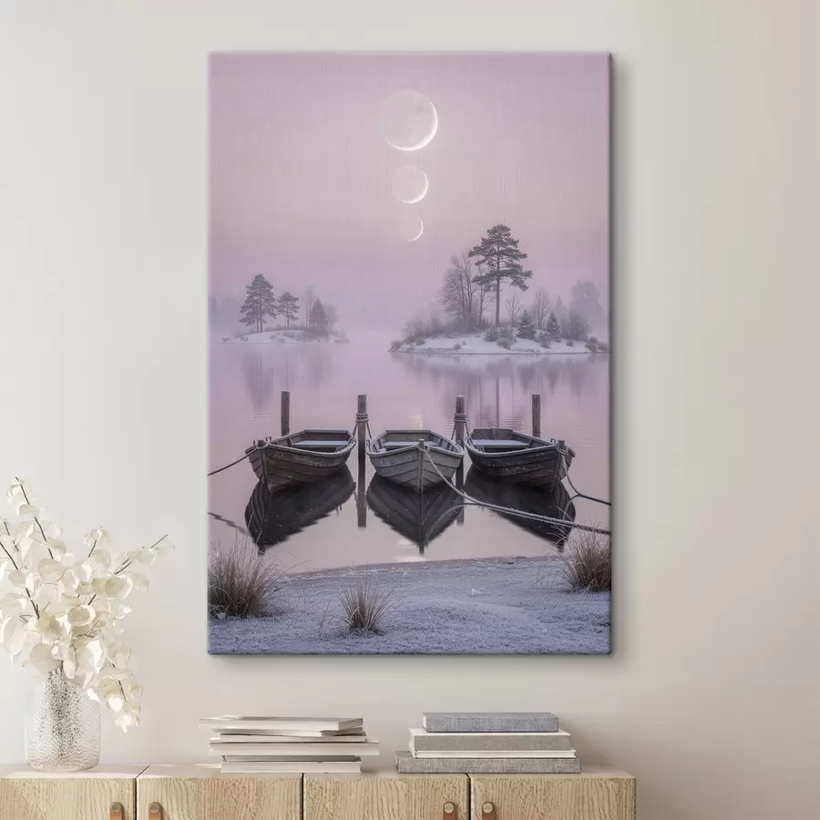 Fototapete Landschaft mit einem See, Booten und Mondphasen im Pastellstil s49724