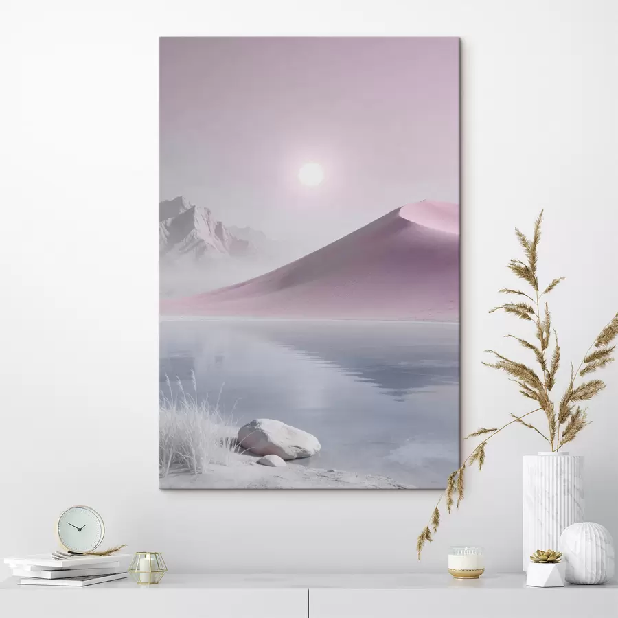 Fototapete Bergsee in der Nähe eines sandigen Hügels in Pastelltönen s49725
