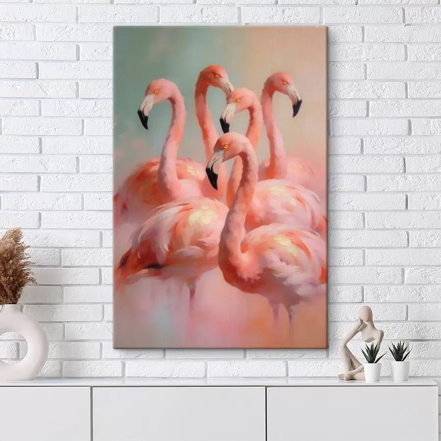 Fototapete Rosa Flamingos in sanften Pastelltönen im Ölgemälde-Stil s49726
