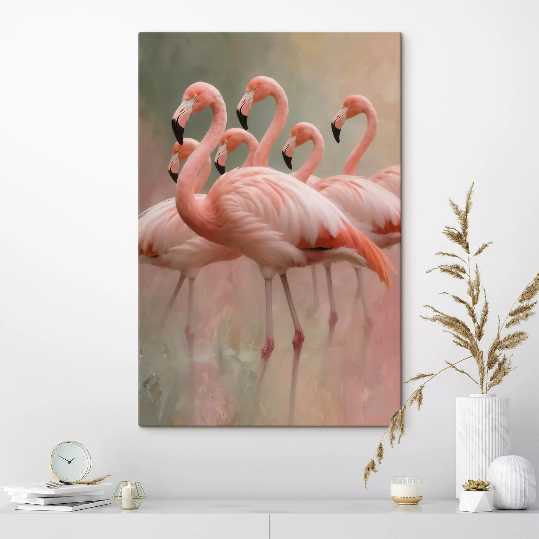 Fototapete Dekoratives Porträt einer Flamingoschwarm im zeitgenössischen Malstil s49727