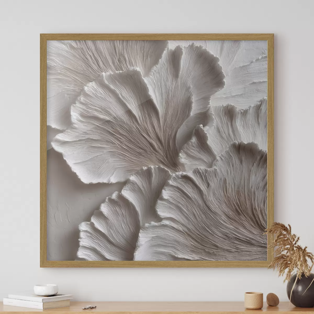 Poster Komposition mit plastischen organischen Formen in einer Farbpalette aus Beige- und Weißtönen f49708
