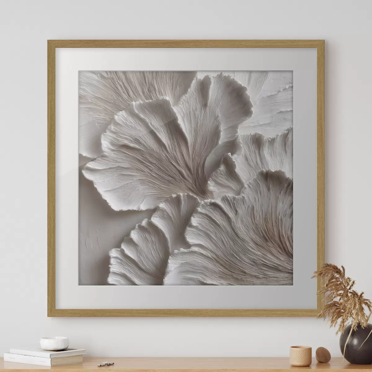 Poster Komposition mit plastischen organischen Formen in einer Farbpalette aus Beige- und Weißtönen f49708