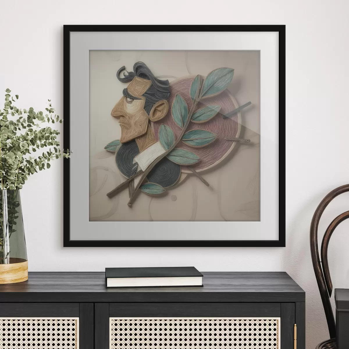 Poster Abstraktes Männerporträt mit einem belaubten Zweig im strukturierten Illustrationsstil f49711