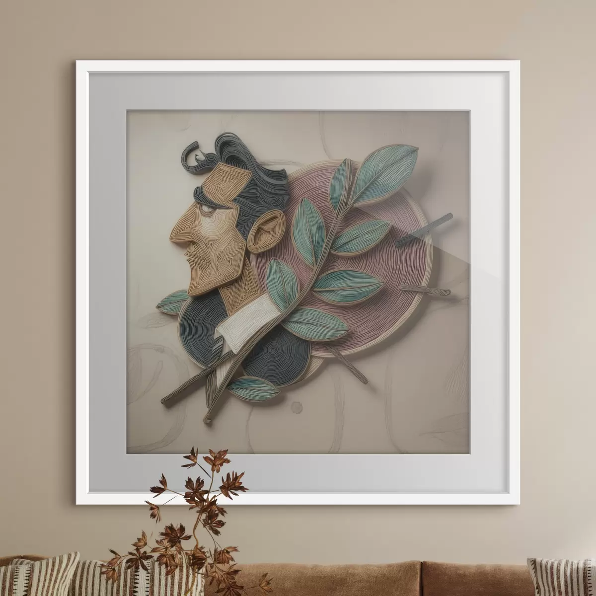Poster Abstraktes Männerporträt mit einem belaubten Zweig im strukturierten Illustrationsstil f49711
